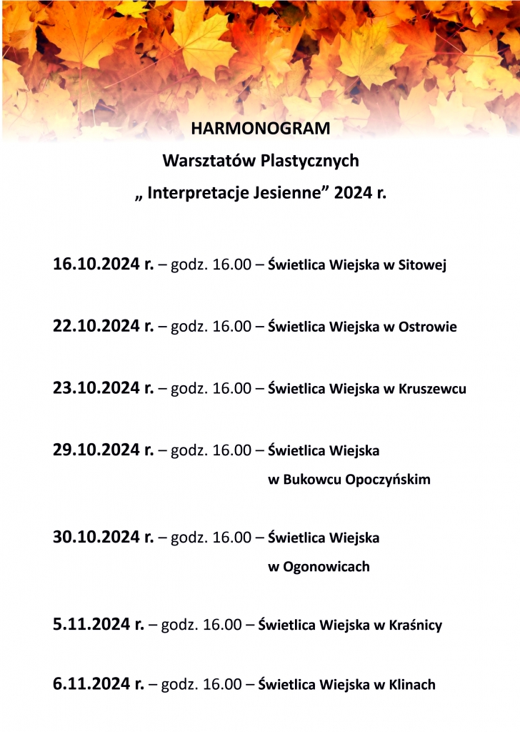 Harmonogram warsztatów plastycznych.