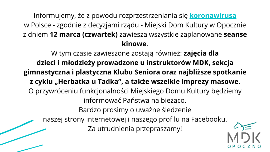 Odwołane seanse kinowe, zajęcia, spotkania i imprezy masowe